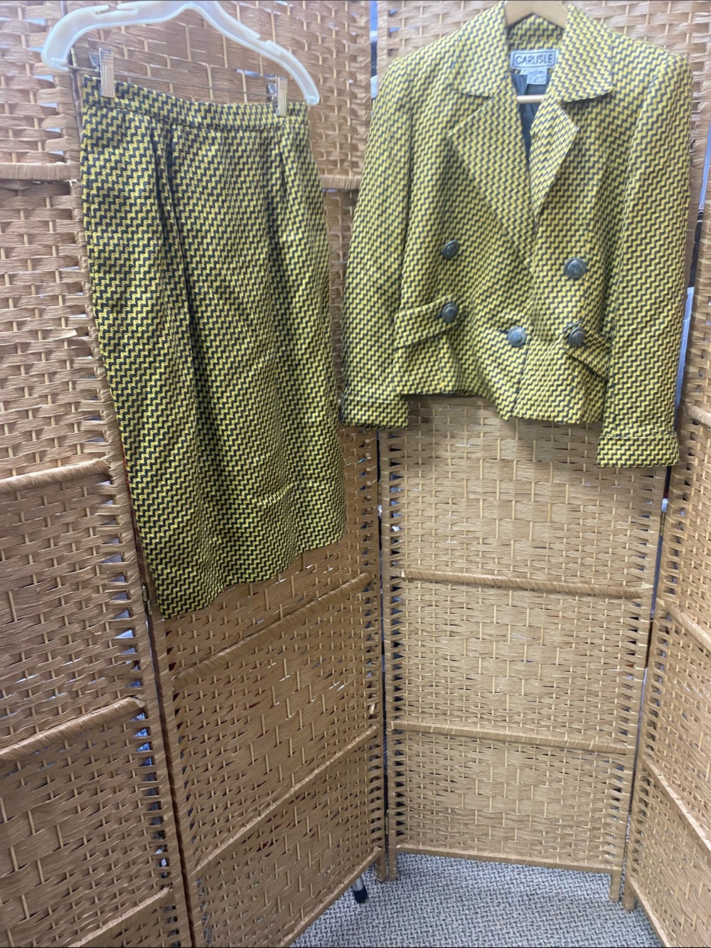 Carlisle Yellow and Black Houndstooth Double-Breasted Blazer with Matching Skirt